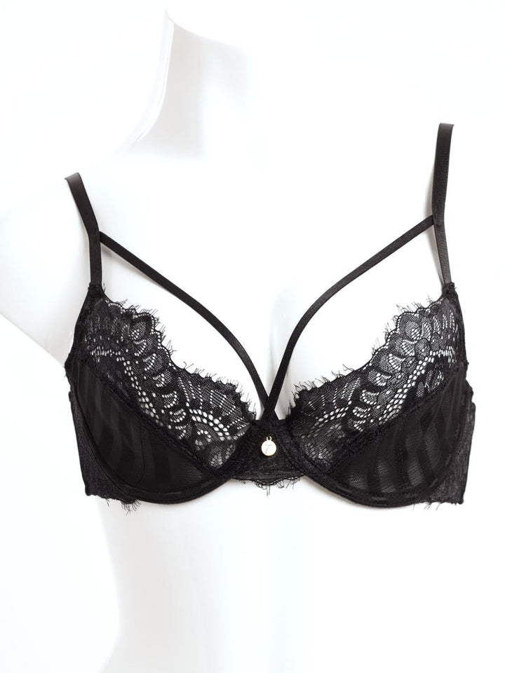 Ladies Striped Dobby Mesh & Lace Bra - Black