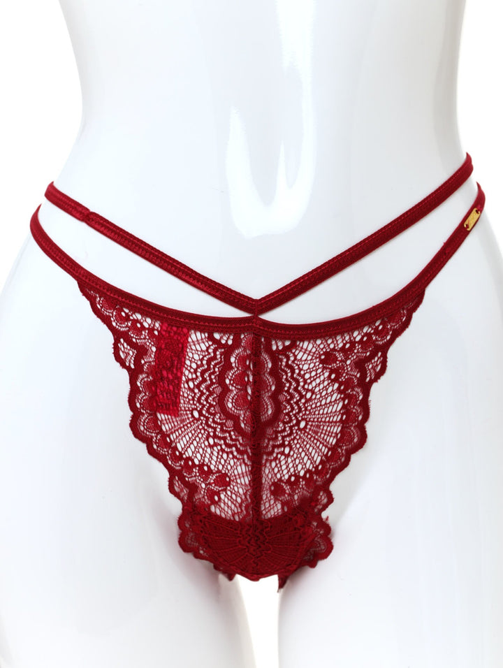 Ladies Lace Double Strap Thong - Berry