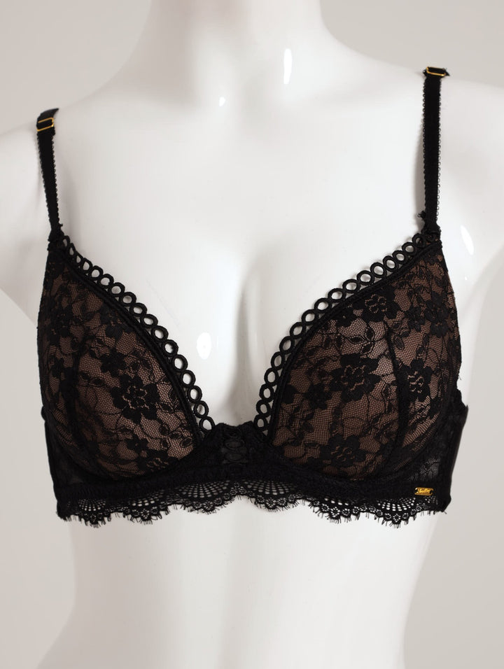 Ladies Plunge Push-Up Bra With Picot Trim - Black