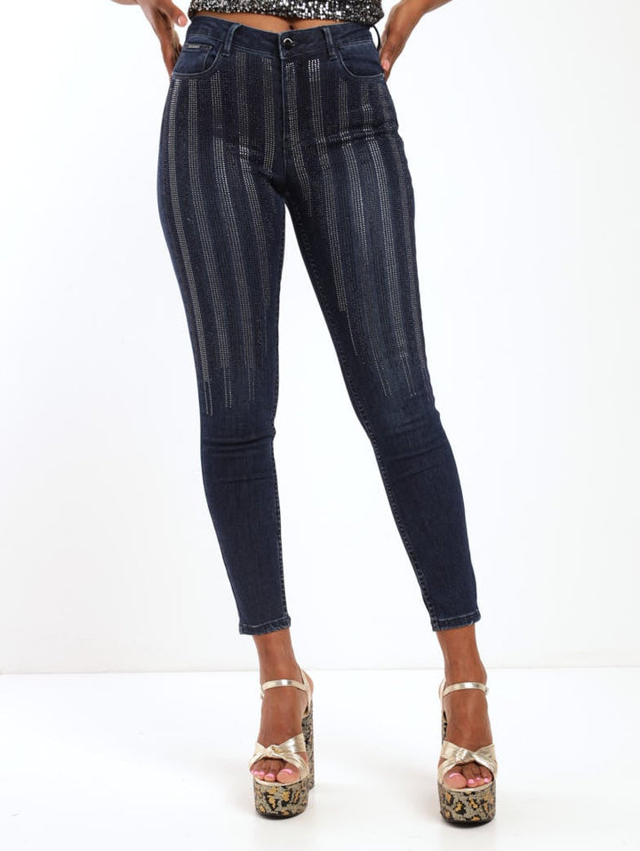 Ladies Dark Blue Axel Skinny Denim Jean With Stripe Diamante