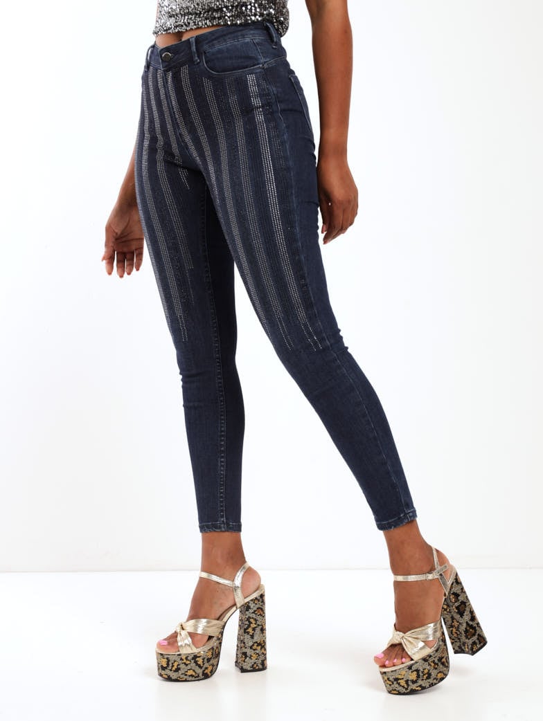 Ladies Dark Blue Axel Skinny Denim Jean With Stripe Diamante