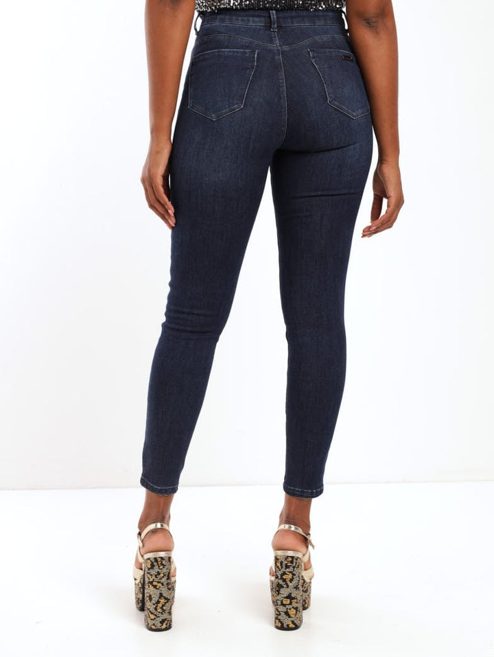 Ladies Dark Blue Axel Skinny Denim Jean With Stripe Diamante