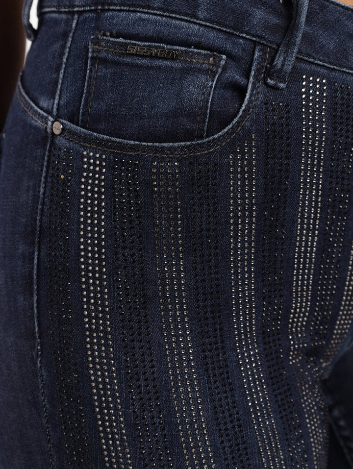 Ladies Dark Blue Axel Skinny Denim Jean With Stripe Diamante