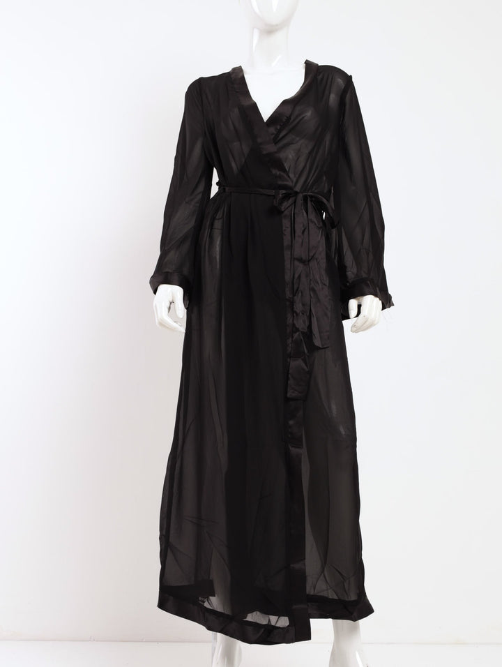 Ladies Sheer Kimono Sleeve Long Robe - Black