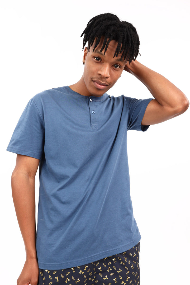 Men's Short Sleeve Henley Sleepwear-Indigo