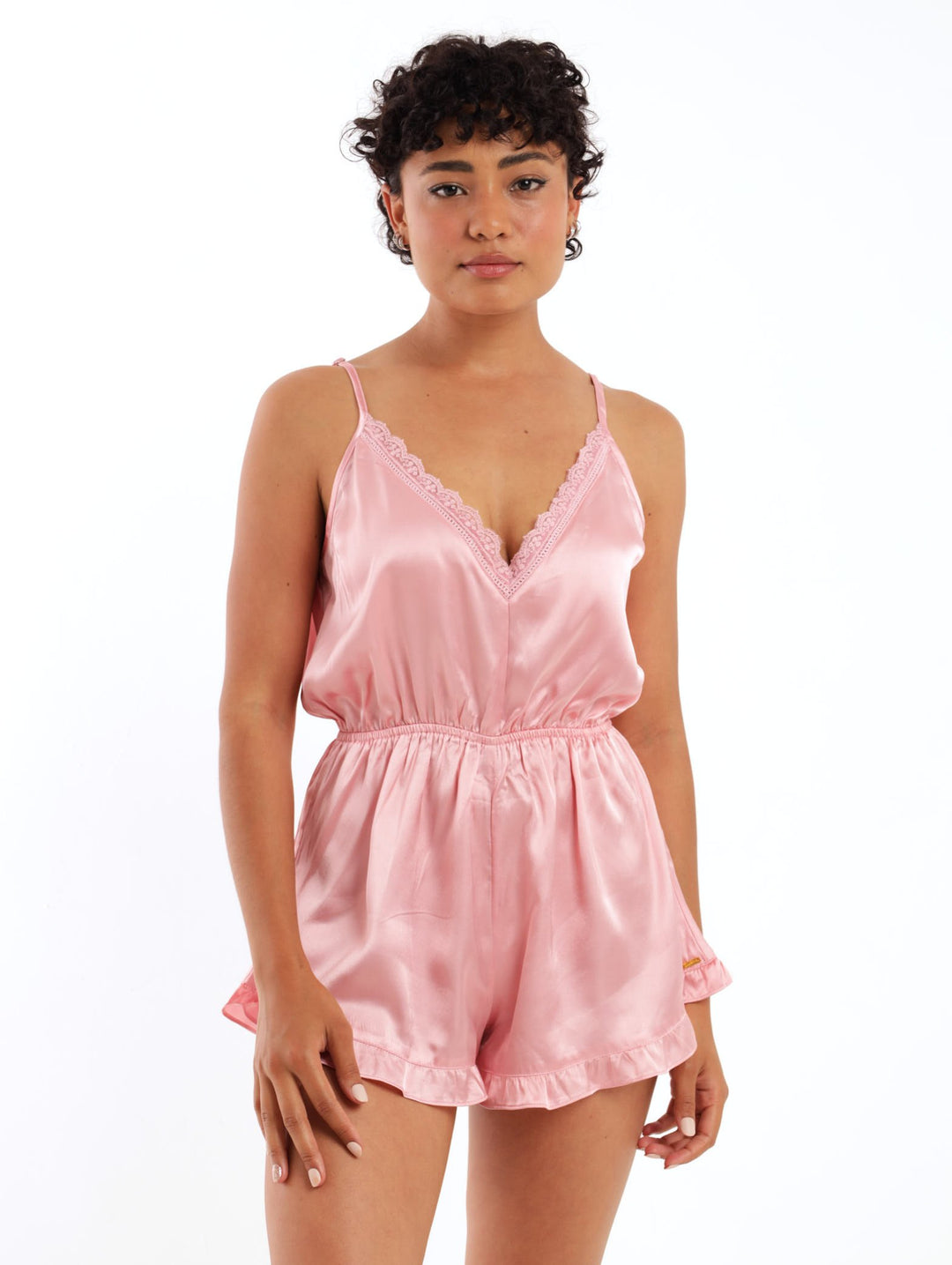 Ladies Satin Playsuit With Embroided Mesh Ruffle - Rose Gold