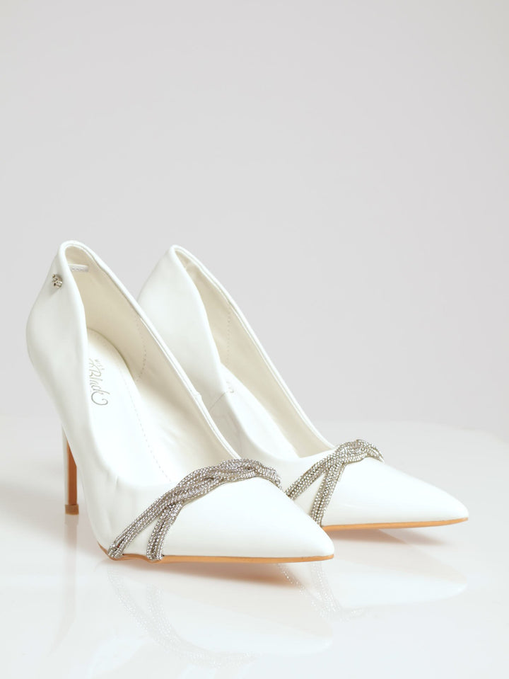 Lola Embellished Pointed Toe Court Heel - White