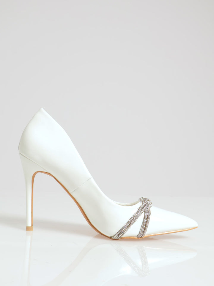 Lola Embellished Pointed Toe Court Heel - White