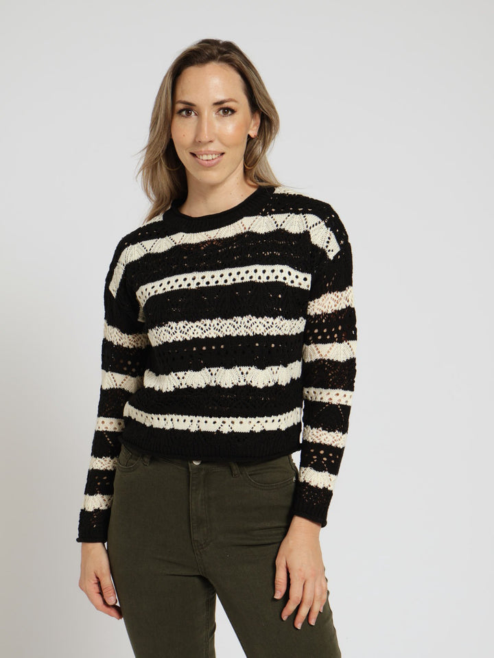 Pointelle Stripe Open Weave Pullover - Black/Beige