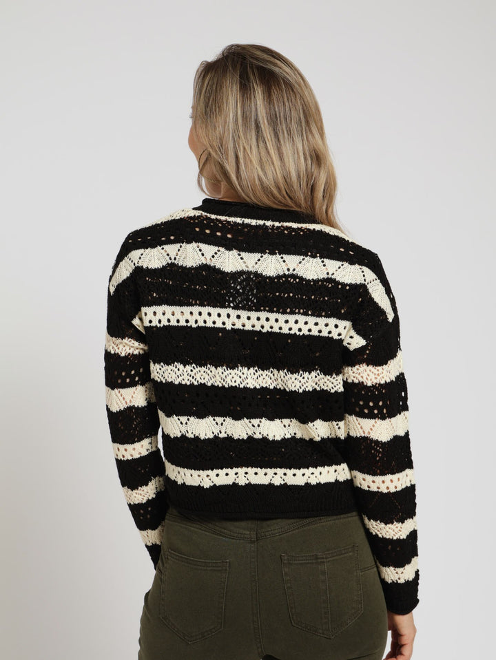 Pointelle Stripe Open Weave Pullover - Black/Beige