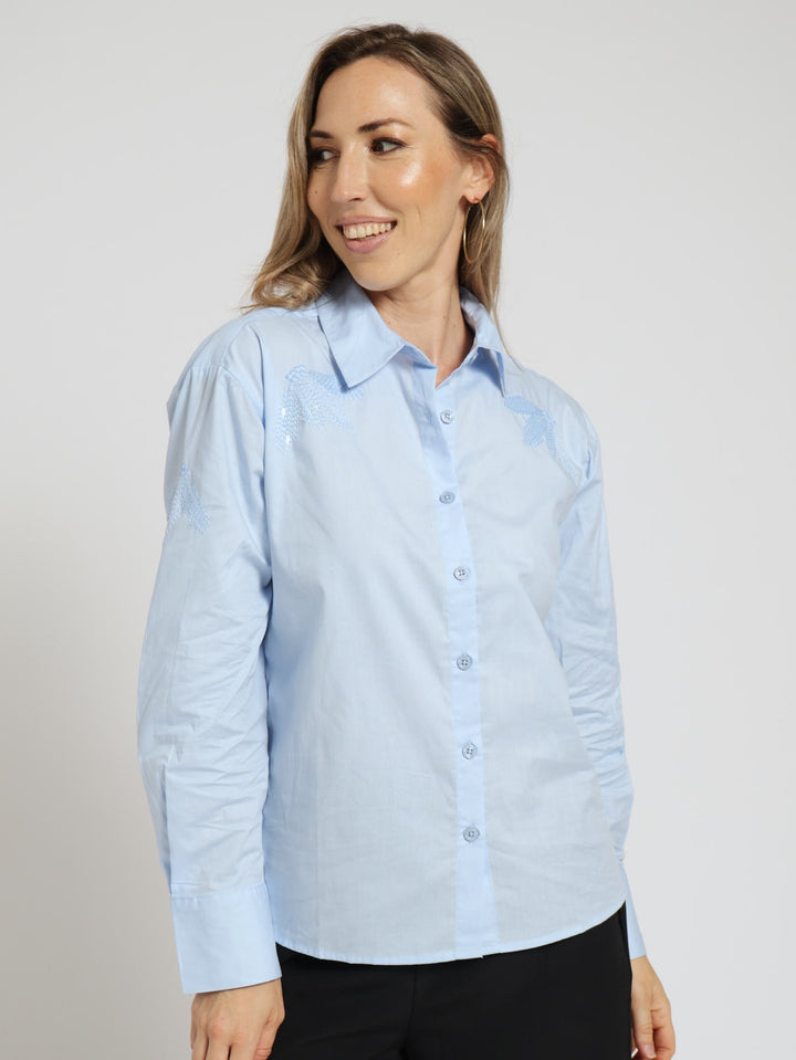 Sequin Embroidered Poplin Shirt - Light Blue