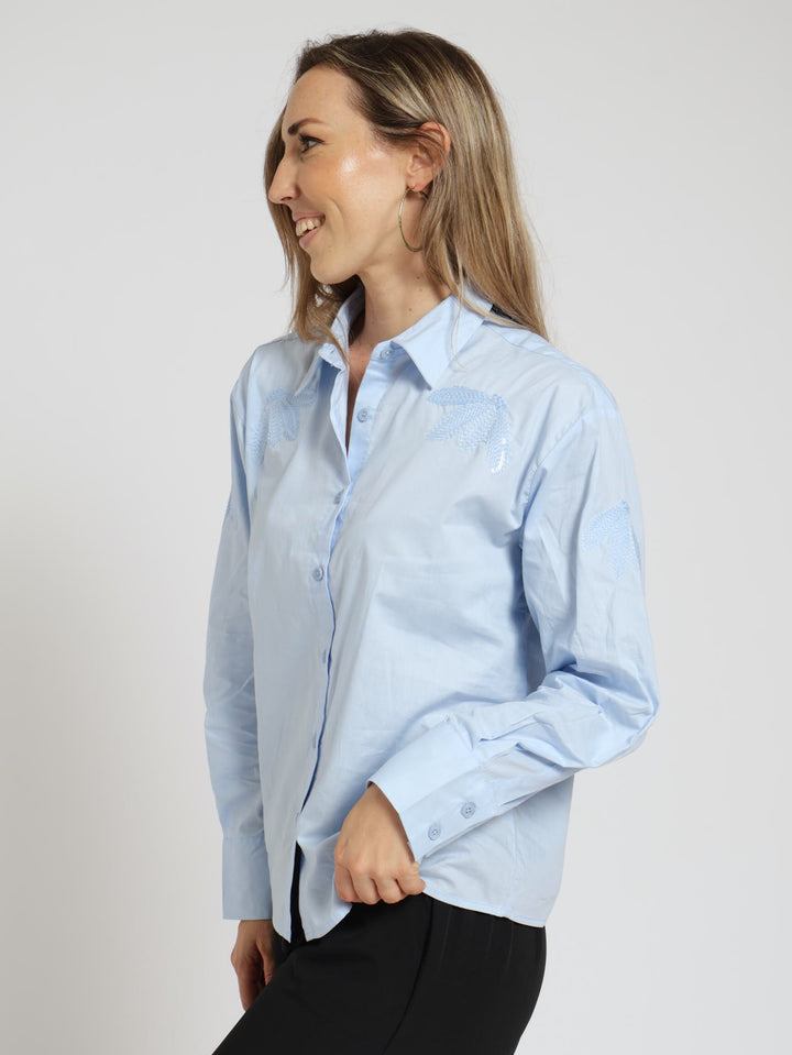 Sequin Embroidered Poplin Shirt - Light Blue