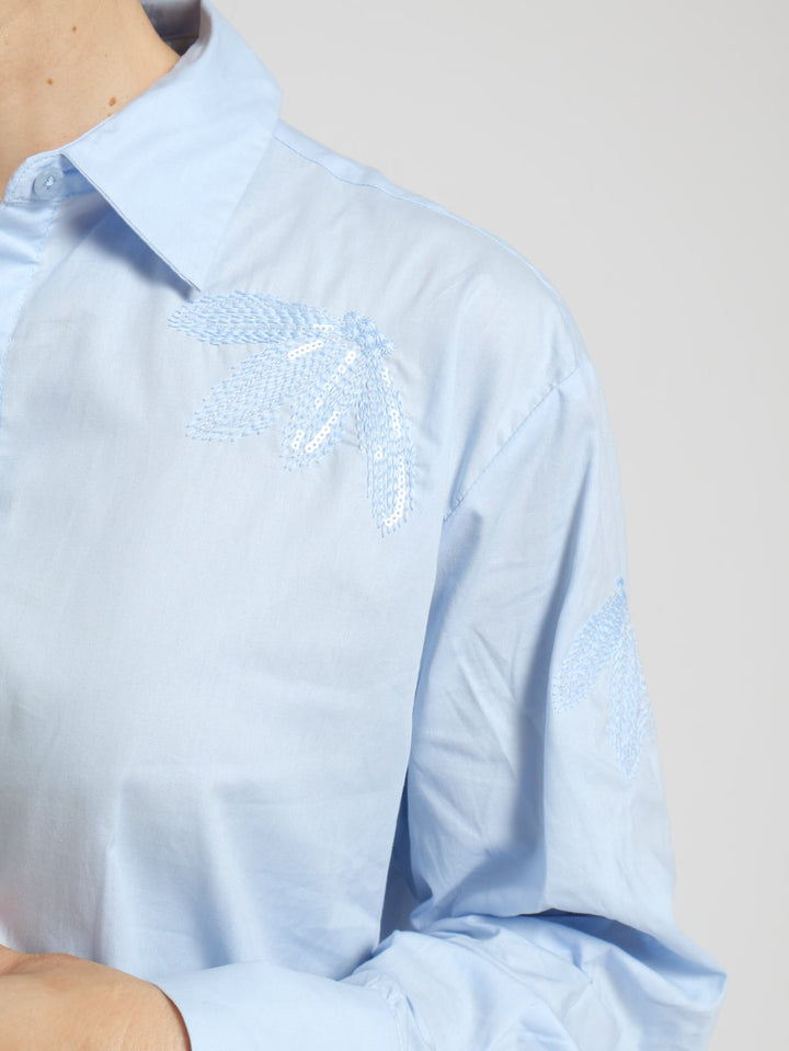 Sequin Embroidered Poplin Shirt - Light Blue