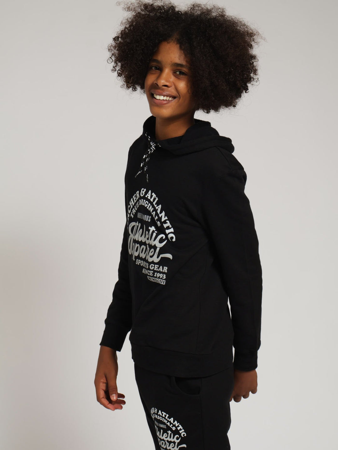 Boys Athletic Print Fleece Hoody Top - Black