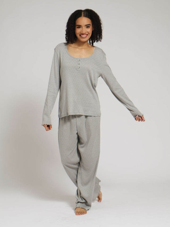 Long Sleeve Scoop Neck Pointelle Top - Grey Melange