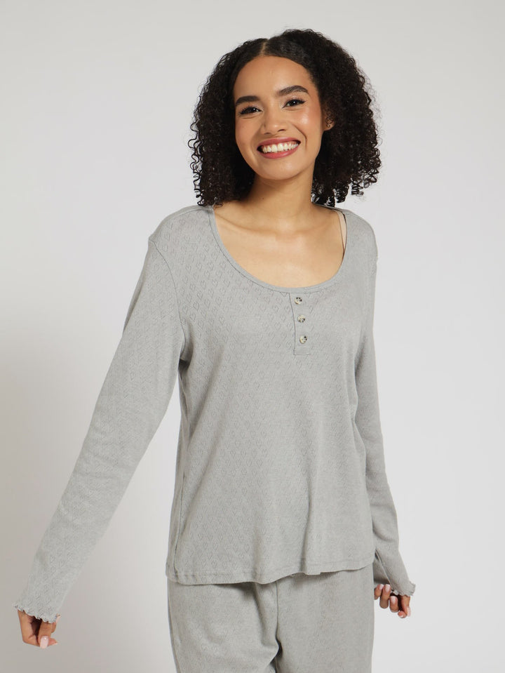 Long Sleeve Scoop Neck Pointelle Top - Grey Melange