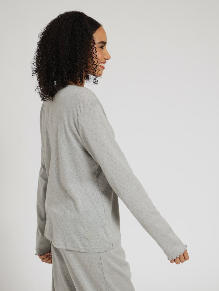 Long Sleeve Scoop Neck Pointelle Top - Grey Melange