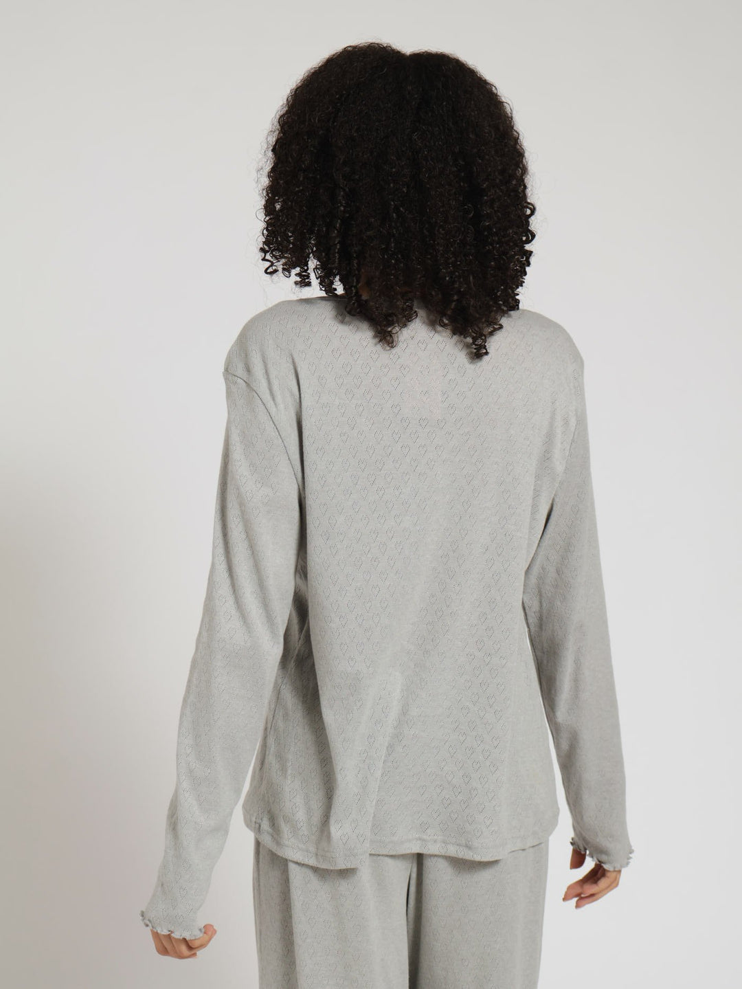 Long Sleeve Scoop Neck Pointelle Top - Grey Melange