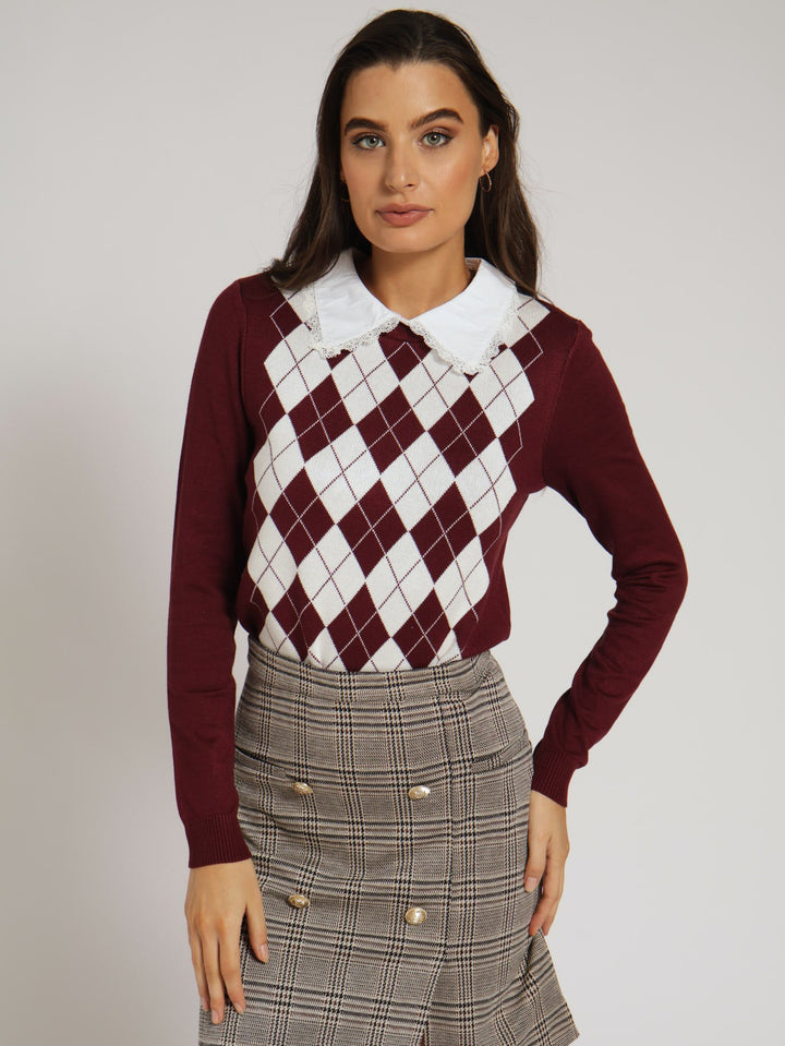 Preppy Argyle Cardigan - Wine