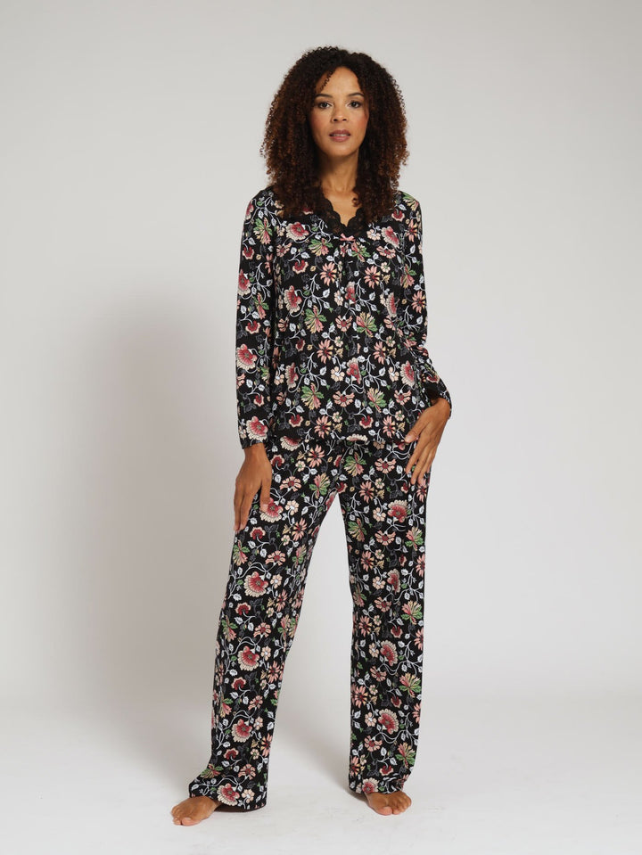 Long Sleeve Floral Soft Touch Pj Top & Pant Set - Black