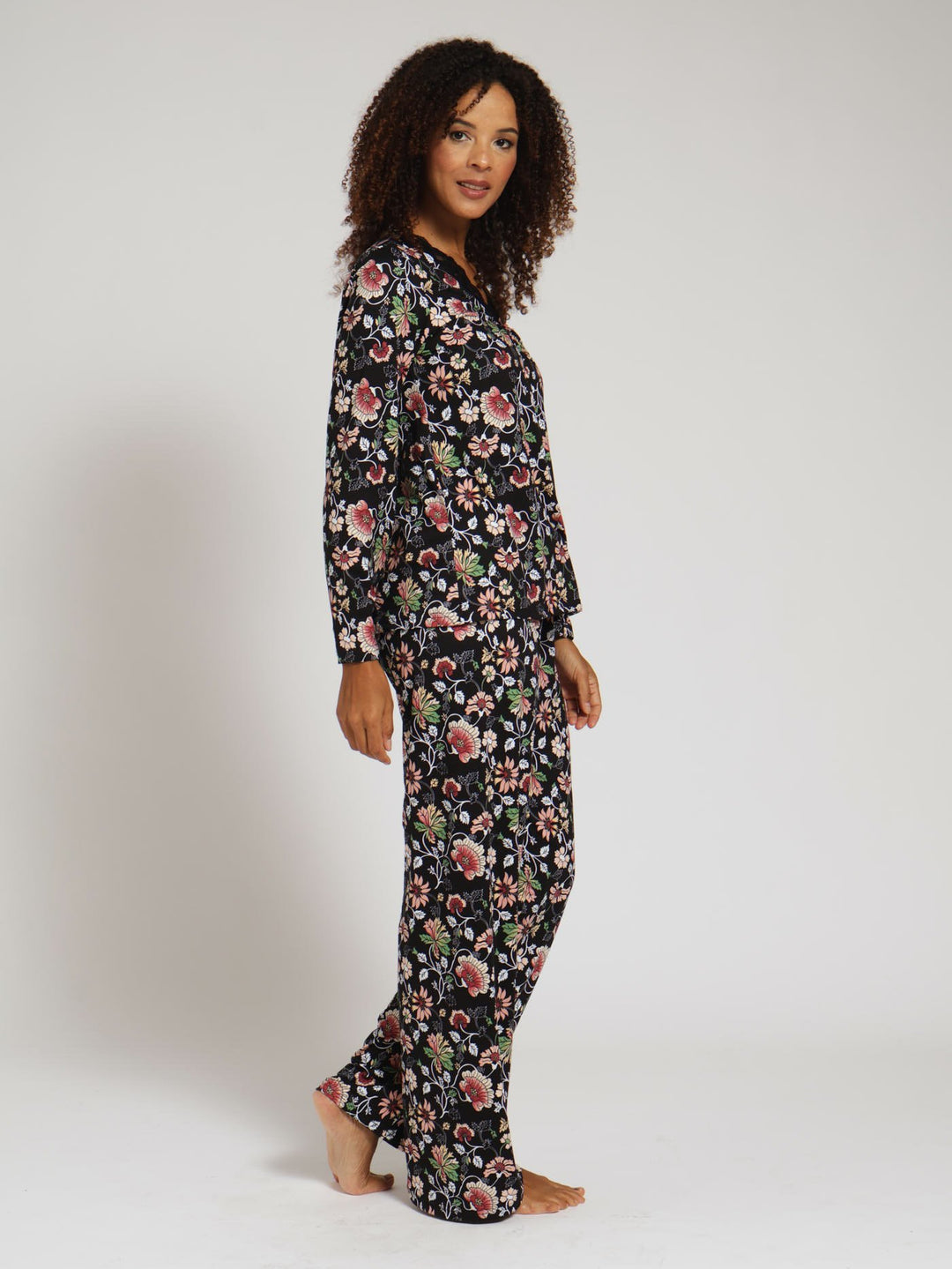 Long Sleeve Floral Soft Touch Pj Top & Pant Set - Black