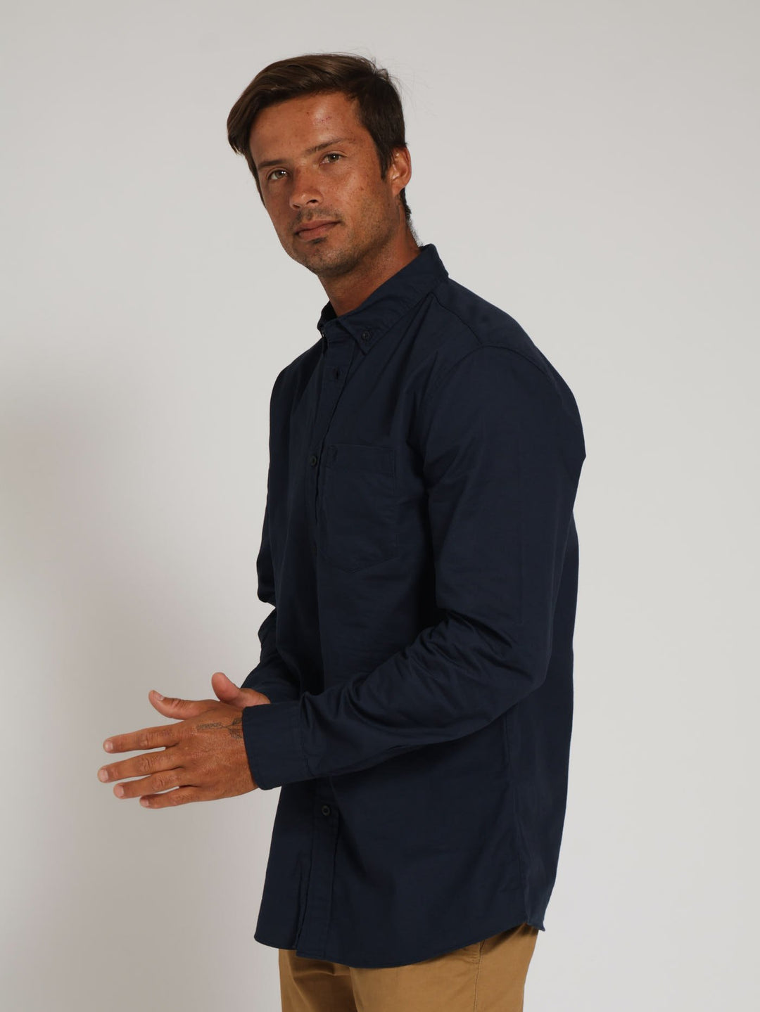 Long Sleeve Plain Oxford - Navy