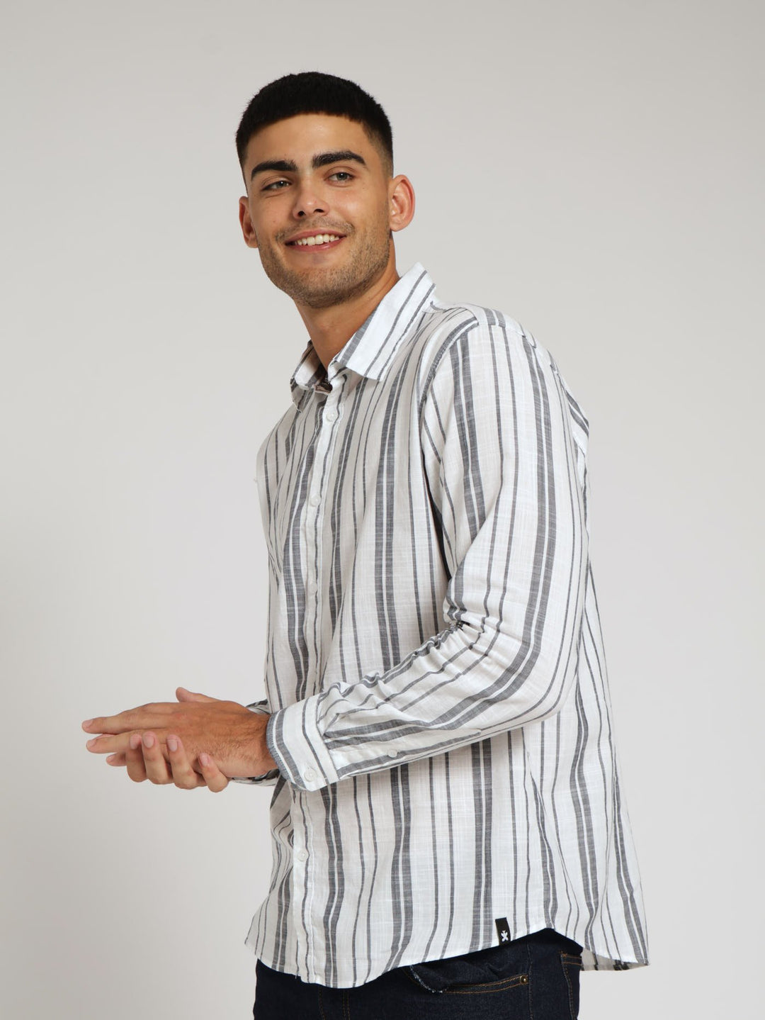 Long Sleeve Stripe Surface Interest Shirt - Navy