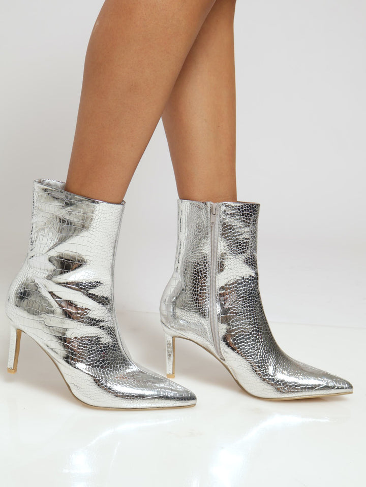 Metallic Croc Pointed Toe Ankle Boot - Silver