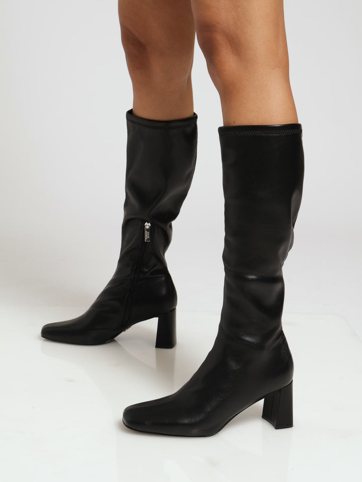 Holly Healed Square Toe Knee High Boots - Black