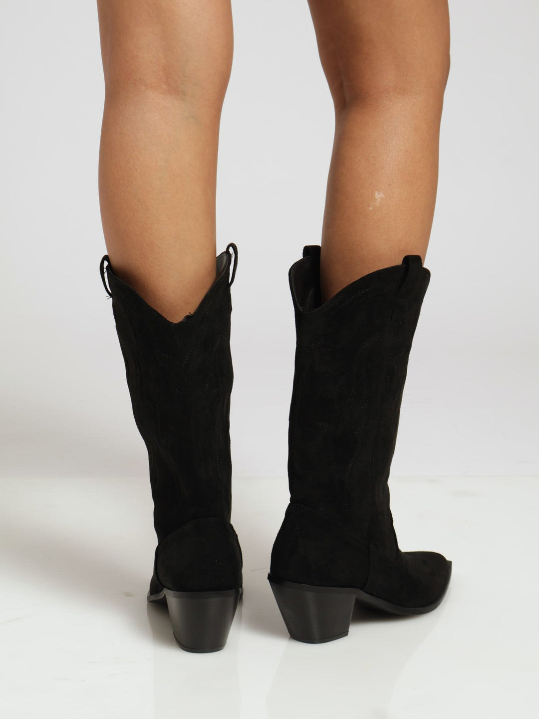 Microfibre Mid Calf Cowboy Boot - Black