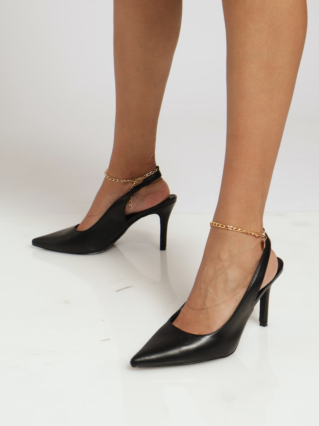 Chain Ankle Strap Slingback Heel - Black