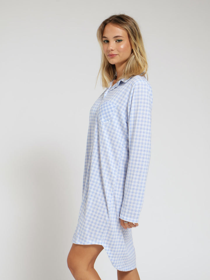 Long Sleeve Button Through Pj Knit Sleepshirt - Blue