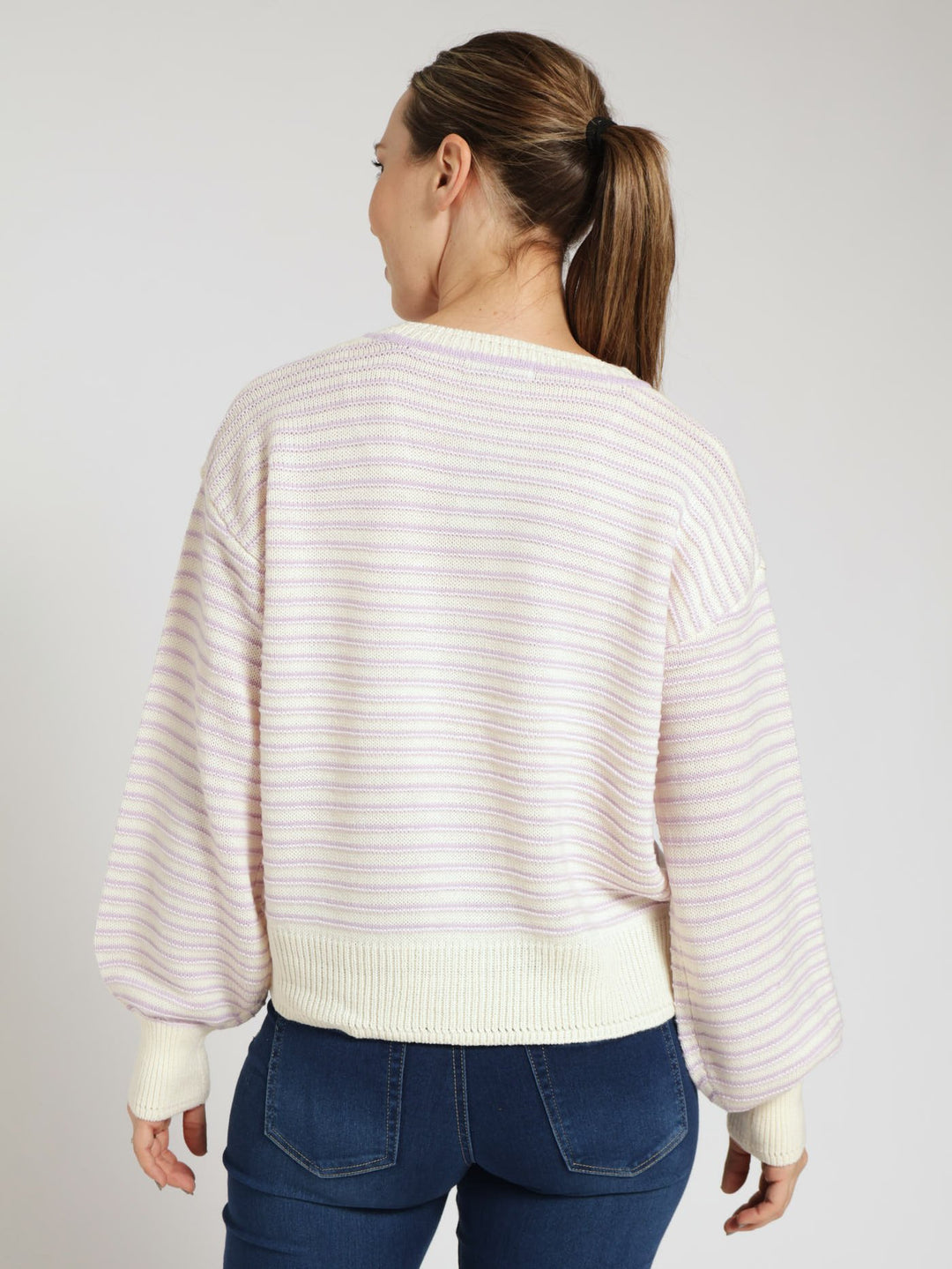 Textured Stripe Pullover With Neck Detail - Lilac