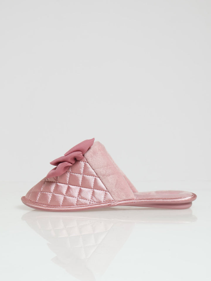 Quilted Closed Toe Slipper With Big Bow & Fur Topline - Mauve