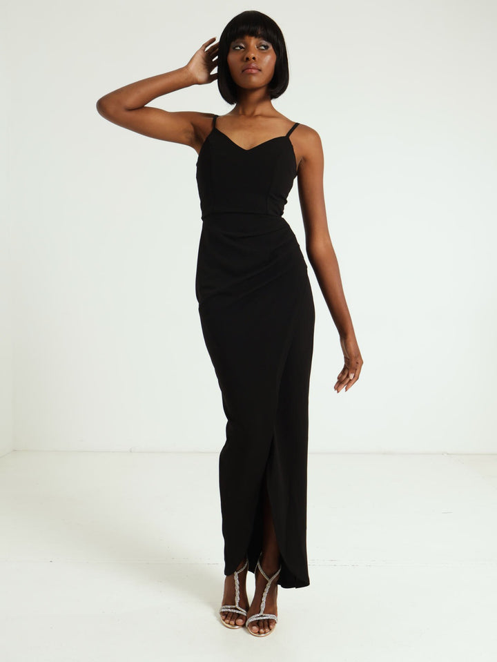Maxi Dress With Cross Over Skirt - Black