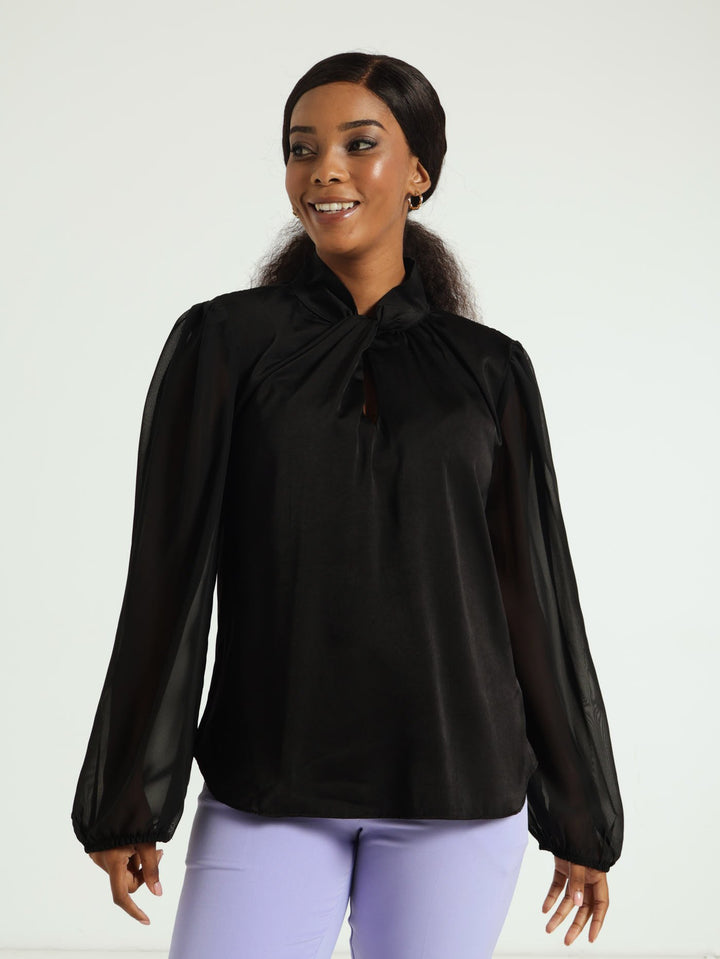 Hi-Neck Pleat Neck Combo Blouse - Black