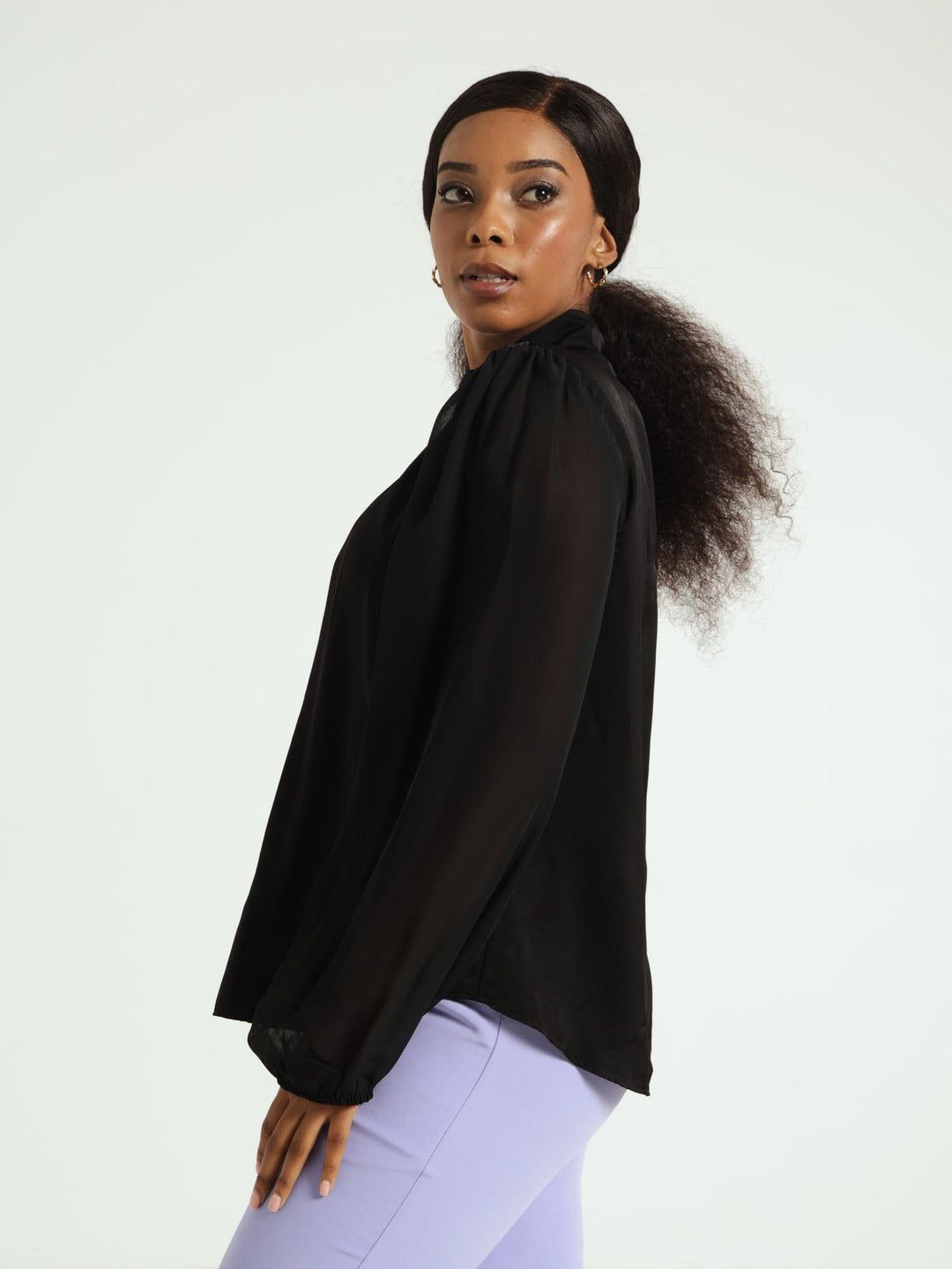 Hi-Neck Pleat Neck Combo Blouse - Black