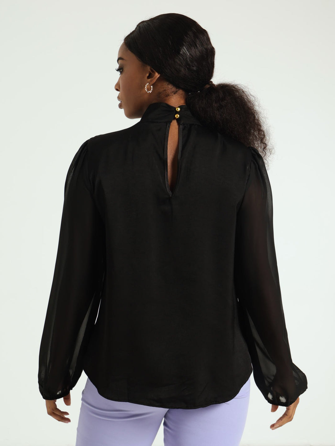 Hi-Neck Pleat Neck Combo Blouse - Black