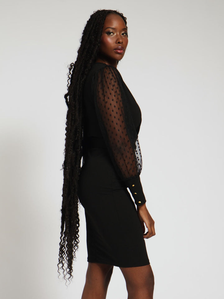 Long Sleeve Wrap Belted Combo Dress - Black