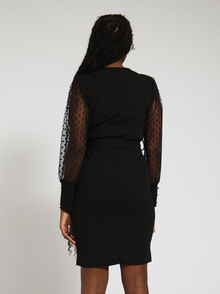 Long Sleeve Wrap Belted Combo Dress - Black