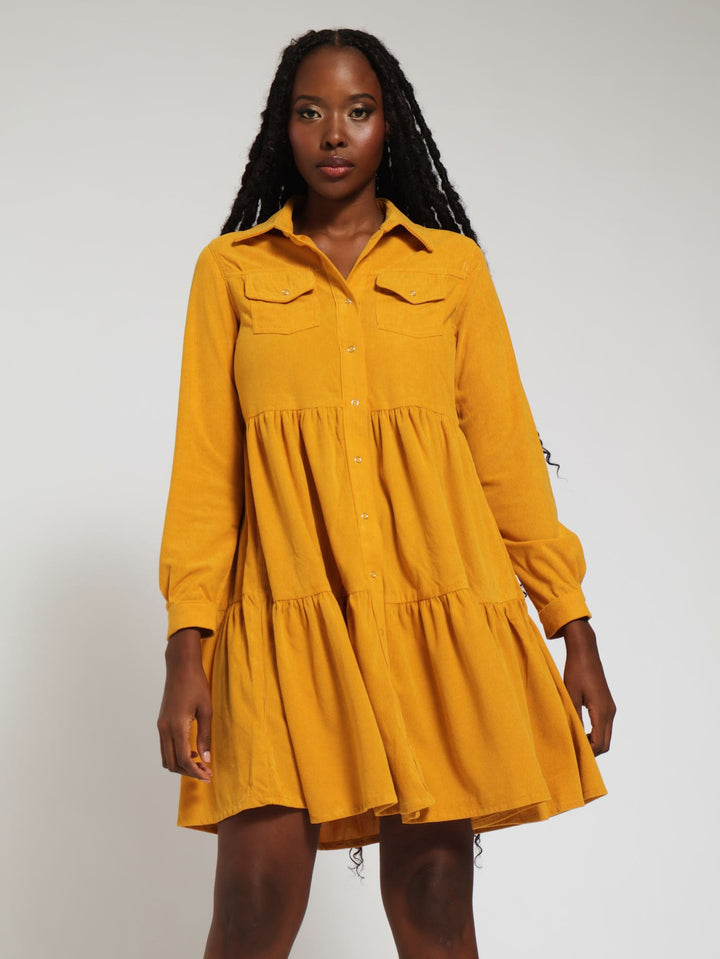 Long Sleeve 2 Pocket Tiered Mini Shirt Dress - Mustard