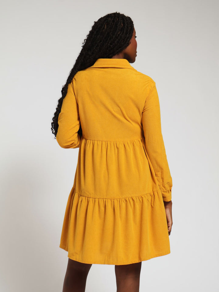 Long Sleeve 2 Pocket Tiered Mini Shirt Dress - Mustard