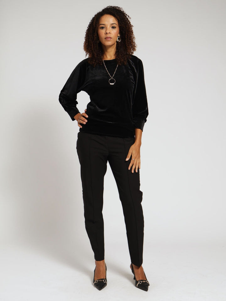 Long Sleeve Velour Top With Necklace - Black