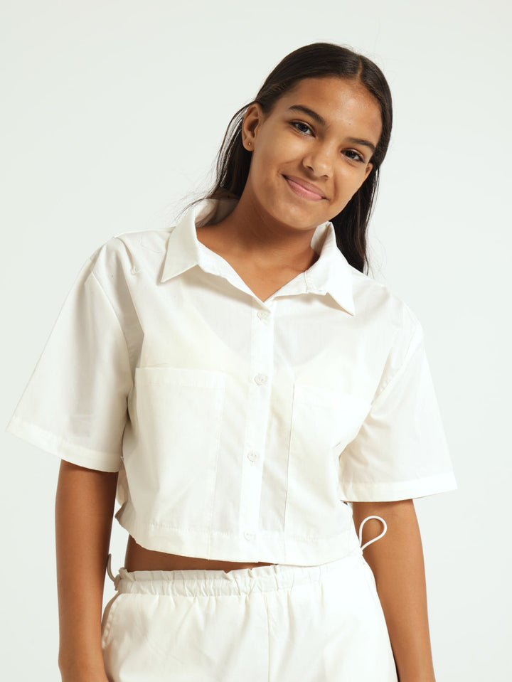 Girls Boxy Woven Shirt Set - White