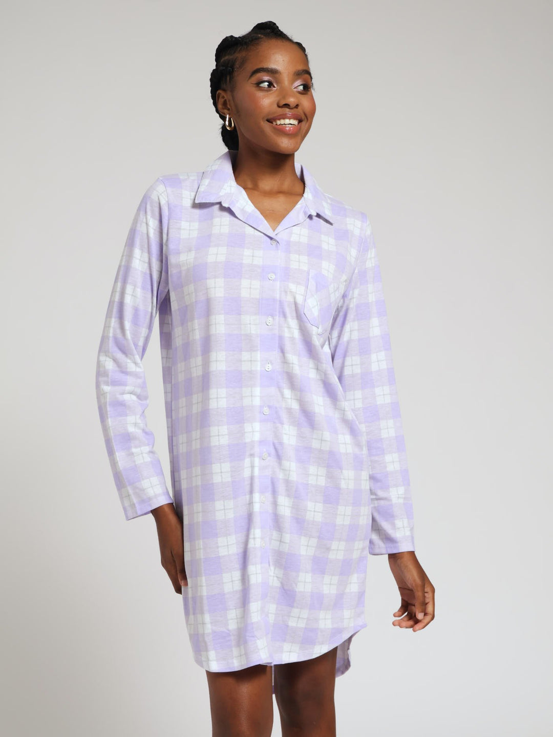 Long Sleeve Button Throught Knit Sleepshirt - Purple