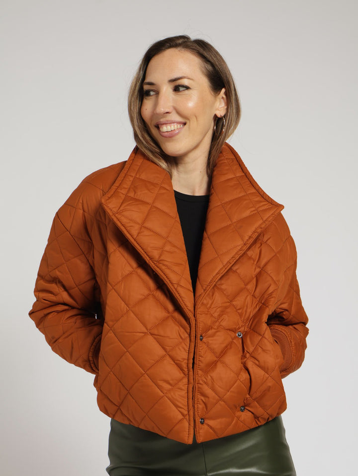 Wide Shawl Collar Quilted Bomber Jacket - Caramel