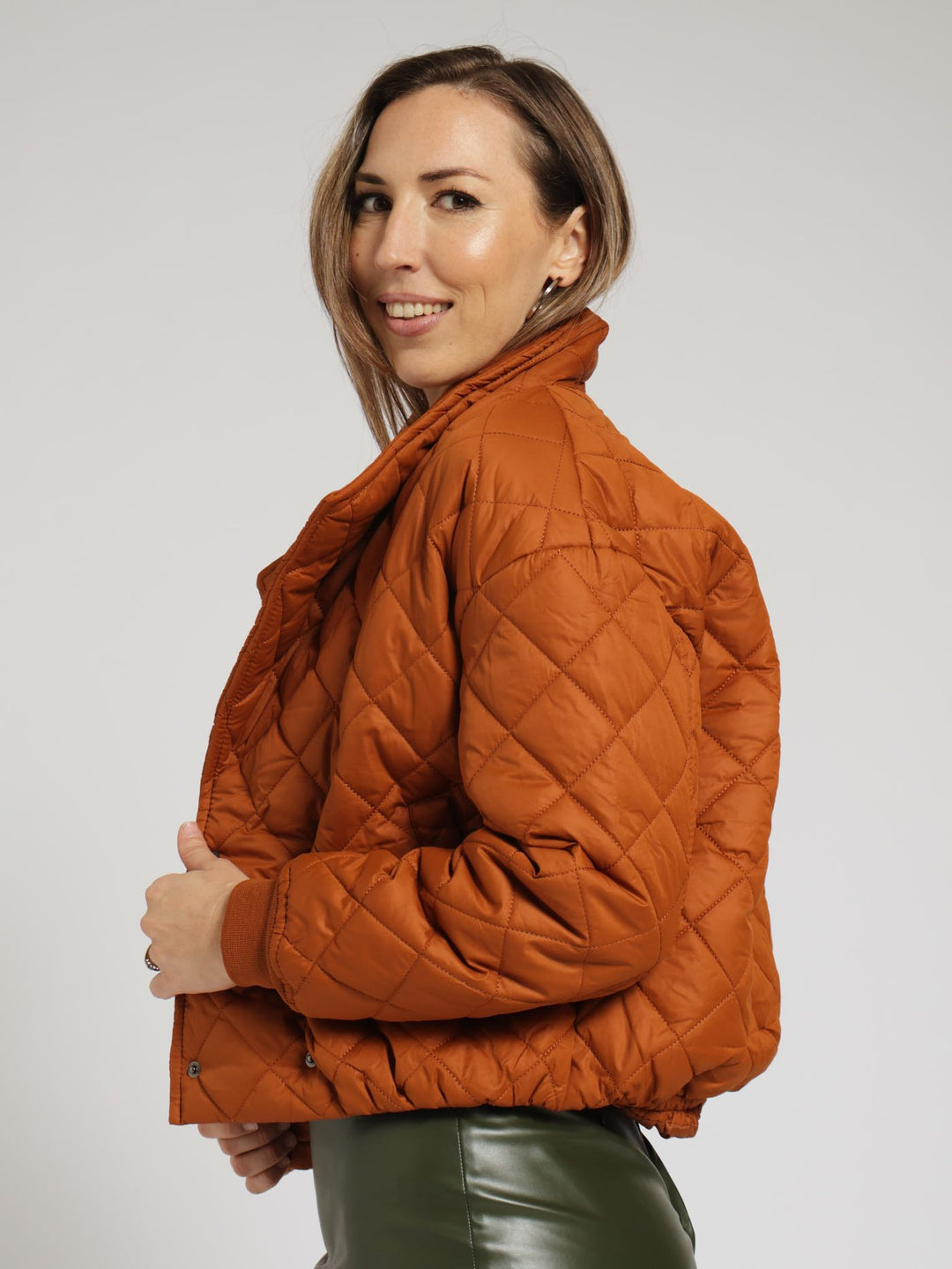 Wide Shawl Collar Quilted Bomber Jacket - Caramel