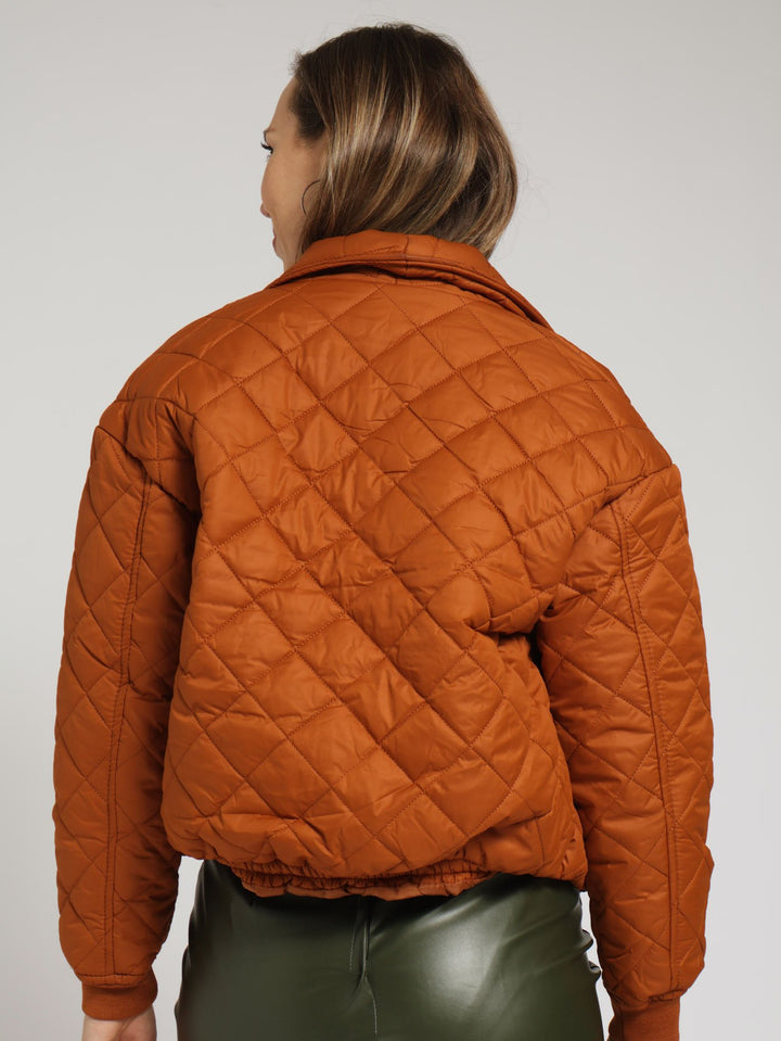 Wide Shawl Collar Quilted Bomber Jacket - Caramel