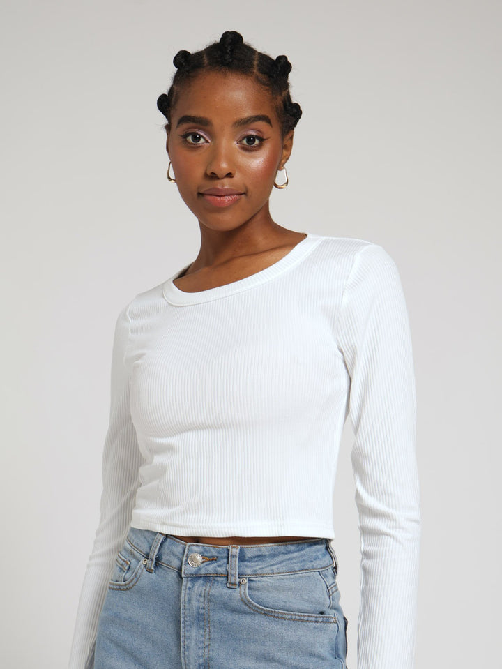 Scoop Neck Rib Basic Top - White