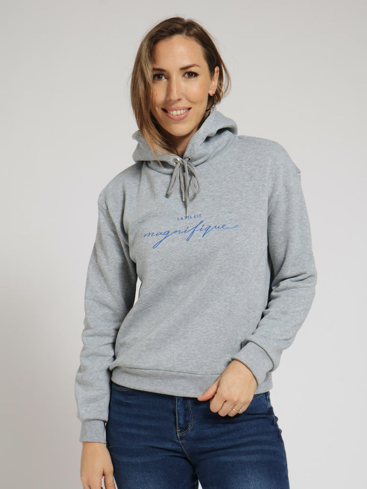 Magnifique Fleece Embroidered Hoody - Grey Melange